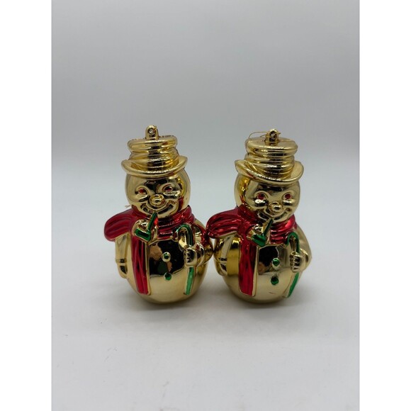 Set of 2 Gold Snowman Ornaments 3.5" Red Scarf Hanging Christmas Decor - Picture 1 of 4